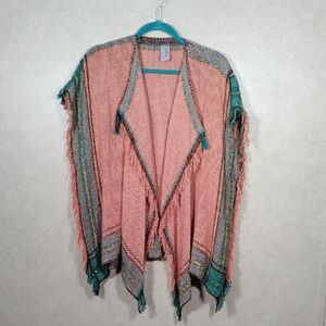 01152 Judi Gaston Art to Wear hand woven rusty peach & turquoise cardigan O/S